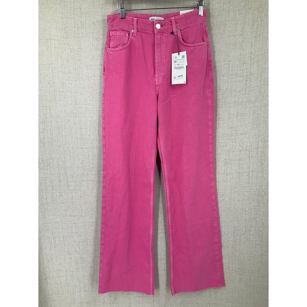 Zara Wide Leg Jeans Womens 6 Pink High Rise‎ Full Length Raw Hem Streetwear Bold